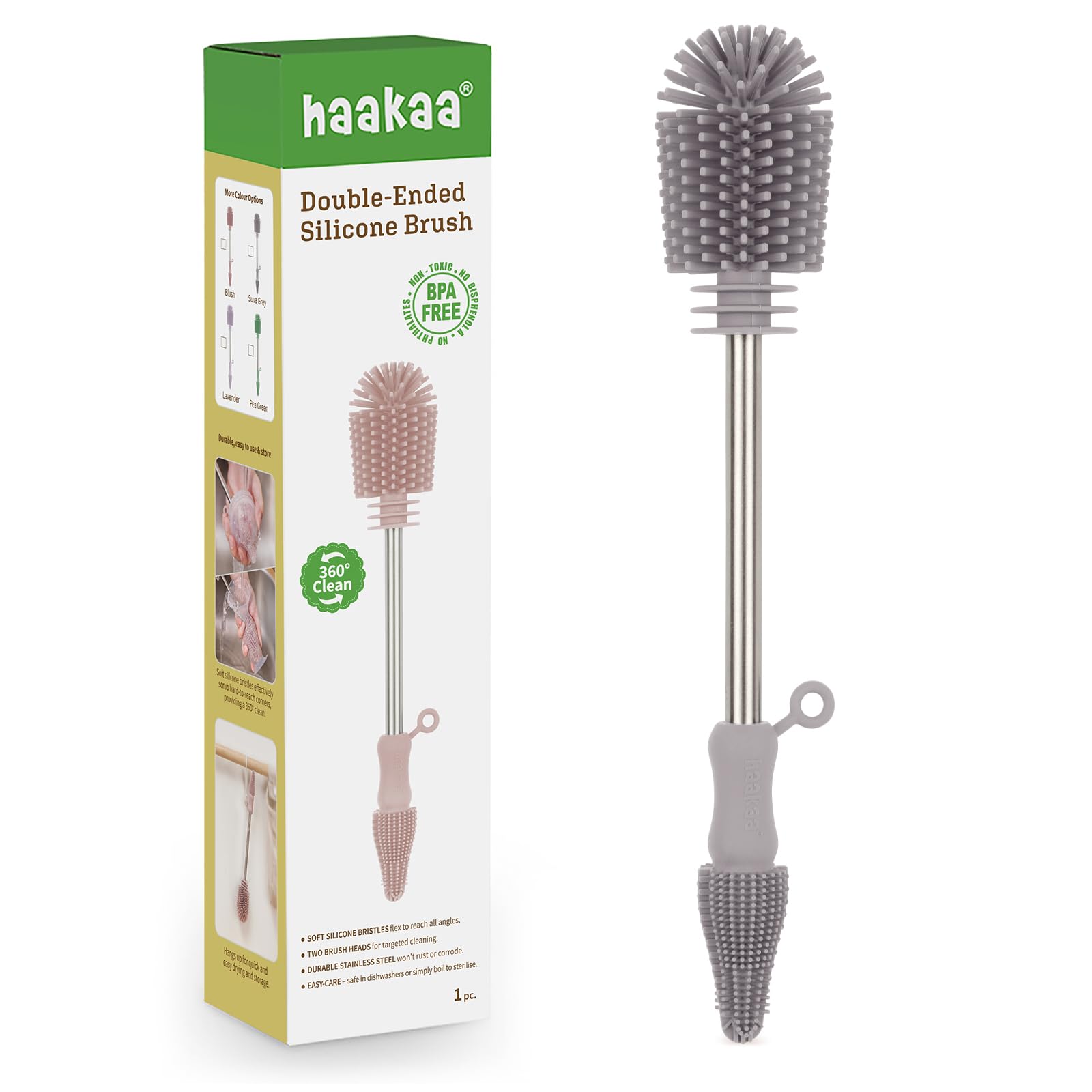 Haakaa Grey Silicone Cleaning Brush Kit-Baby Bottle Brush Scrubber For Breast Pump,Nipple,Breastmilk Storage Bag,Reusable Straws,Sippy Cup Soft Food Grade Silicone Bristle Portable - 1Pk