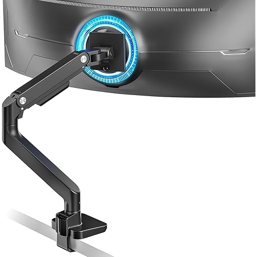 ARES WING Ultrawide Monitor Arm for 17 to 49 Inch Heavy Duty Curved Screen, Holds 44 Lbs, Adjustable Gas Spring Monitor Arm Desk Mount with C Clamp, Grommet Base, 75/100 Vesa Mount, Black