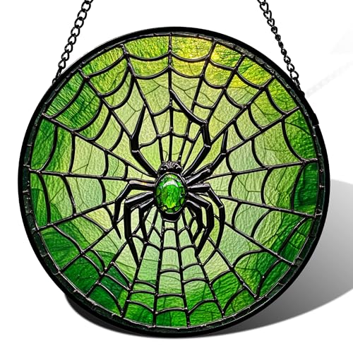 Image of Glass Window Hanging - Black Green Horror Spider Web Suncatcher for Doors Garden Patio Sun Catchers Decor Christmas Halloween Birthday Gifts for Women Men Mom Nana Friend 15 in