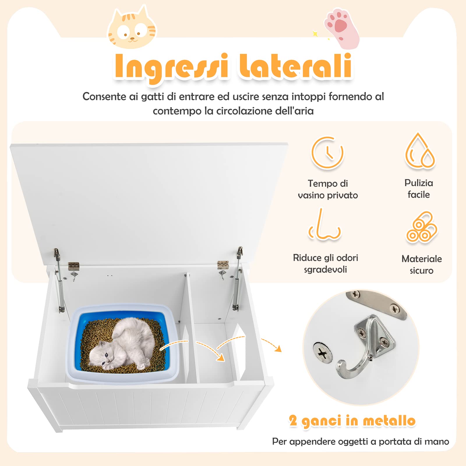 COSTWAY Mobile per Lettiera Gatti con Apertura Superiore | Mobiletto Multiuso con Divisorio Rimovibile, Asta a Gas e Ganci in Metallo per Ingresso e Soggiorno, 82,5 x 51 x 51 cm, Porta