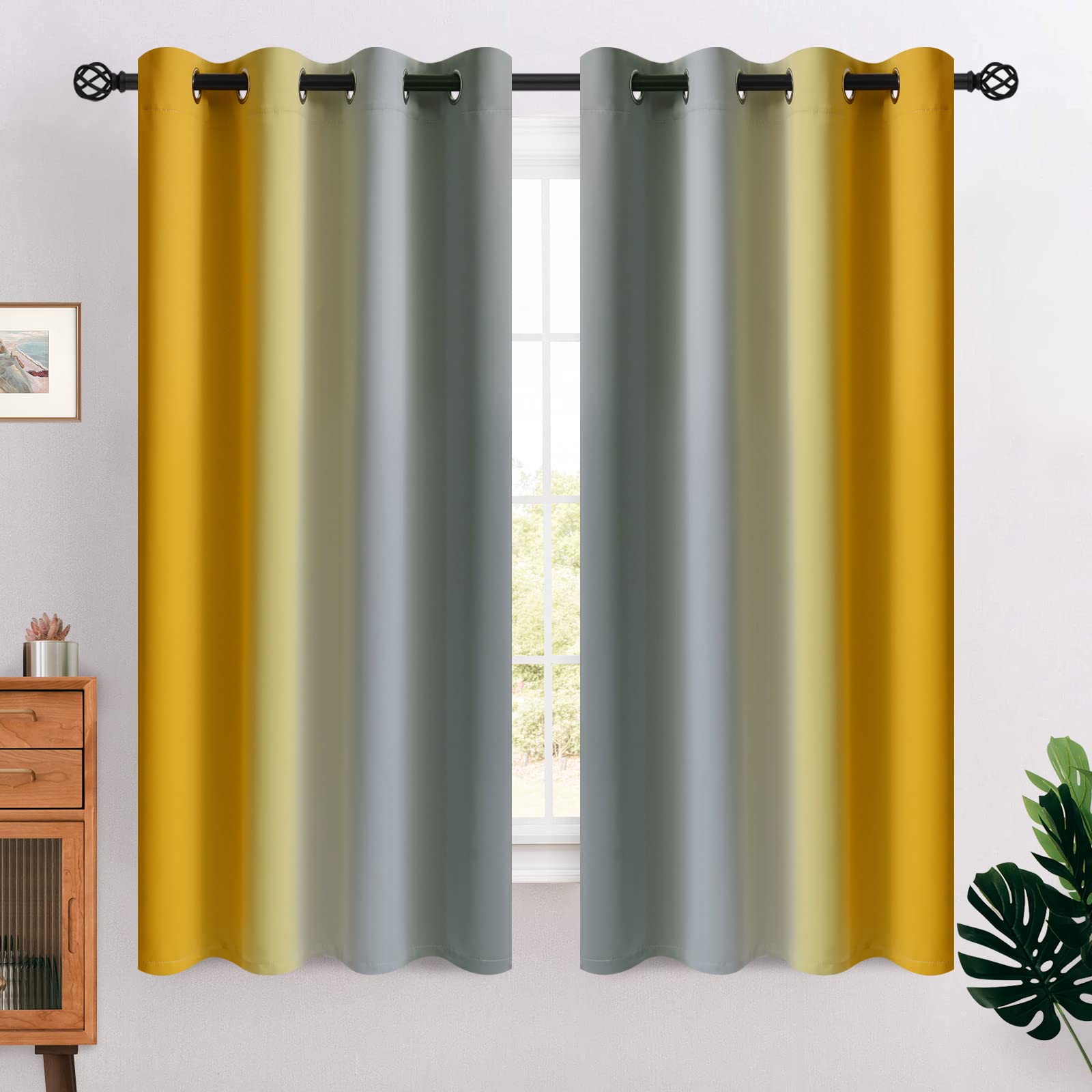 COSVIYA Grommet Ombre Room Darkening Curtains 63 inches Length for Kids/Girls Bedroom, Polyester Light Blocking Yellow and Grey Gradient Window Drapes/Curtains for Living Room,2 Panels, 52x63 inches — image 1