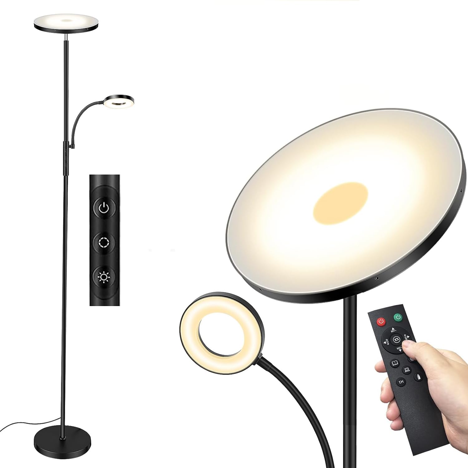 mukuxin LED Uplighter Floor Lamp, Upgraded 42W 4200LM Dimmable Floor Standing Lamp with Remote & Touch Control, 1min Installation, Standard Reading Lamps Living Room Modern (Silver)