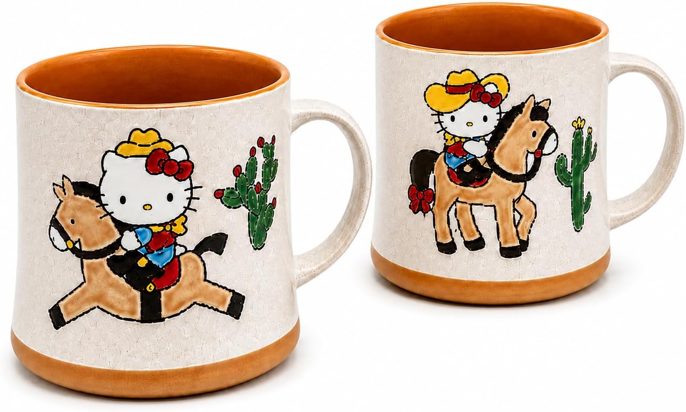 Blue Sky Clayworks Hello Kitty Let's Ride Cowgirl Ceramic Mug, 18 oz, 5.5" L x 3.8" W x 7.5" H, Set of 2