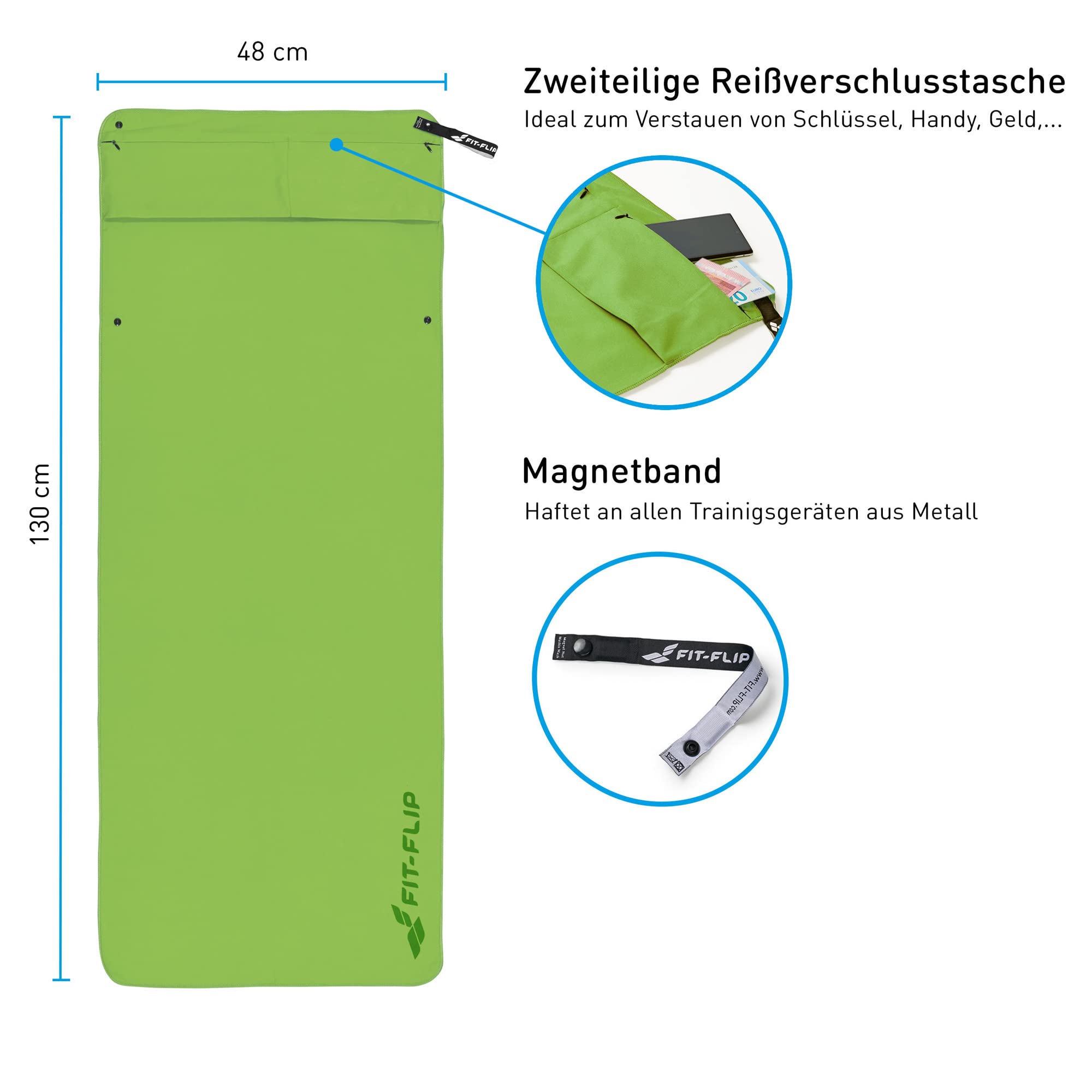 Fit-Flip Asciugamano Sportivo con Scomparto a Cerniera + clip Magnetica, Asciugamano da Palestra in Microfibra, Compatto e ad Asciugatura Rapida, Asciugamano da Palestra in Microfibra