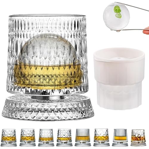 360 Degree Rotating Whiskey Glass Set with Ice Ball Mold, Crystal Clear Bourbon Scotch Glassware for Men, Fun & Novelty Gifts (Pattern 9)