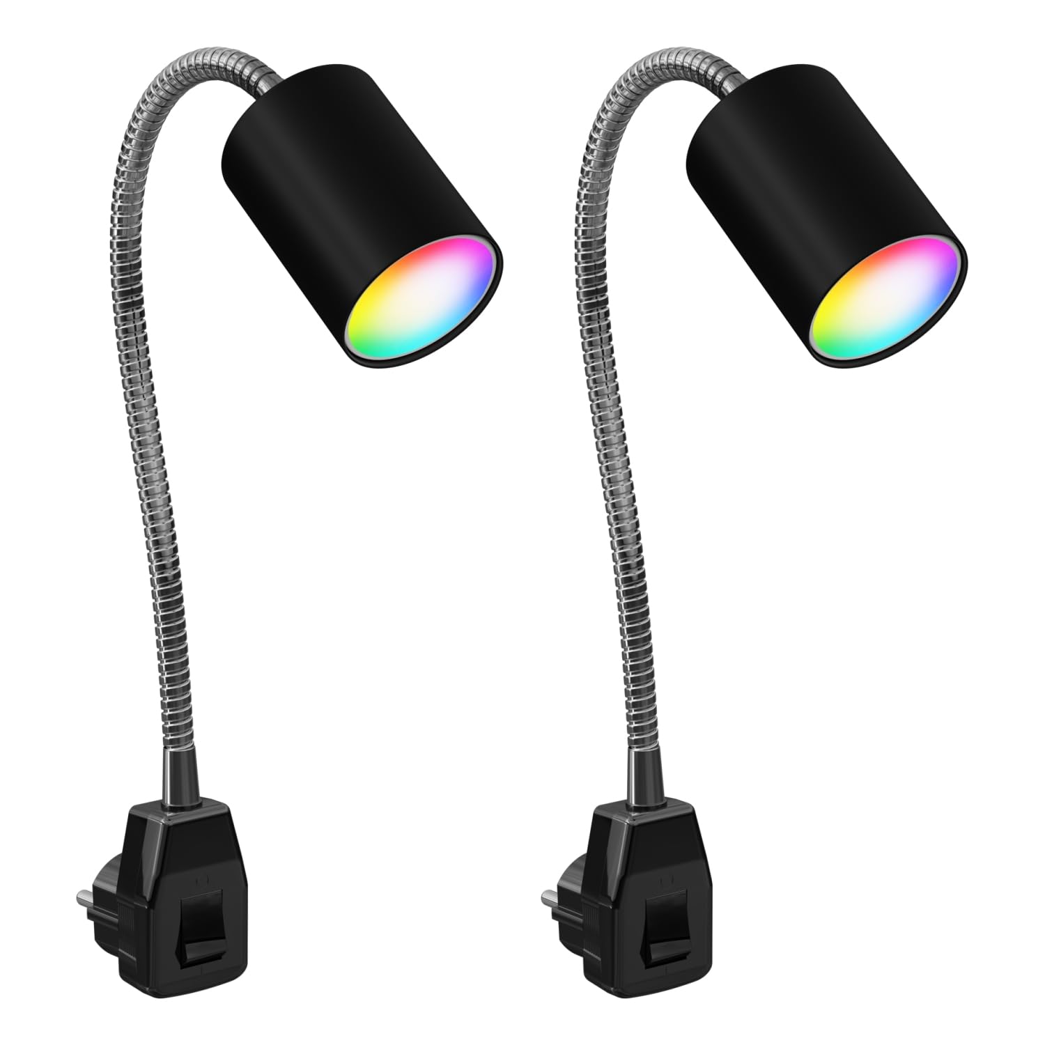 ledscom.de 2x GU10 Steckdosenlampe WAIKA Schwanenhals, Schalter, schwarz inkl. Smart Home RGBW GU10 LED
