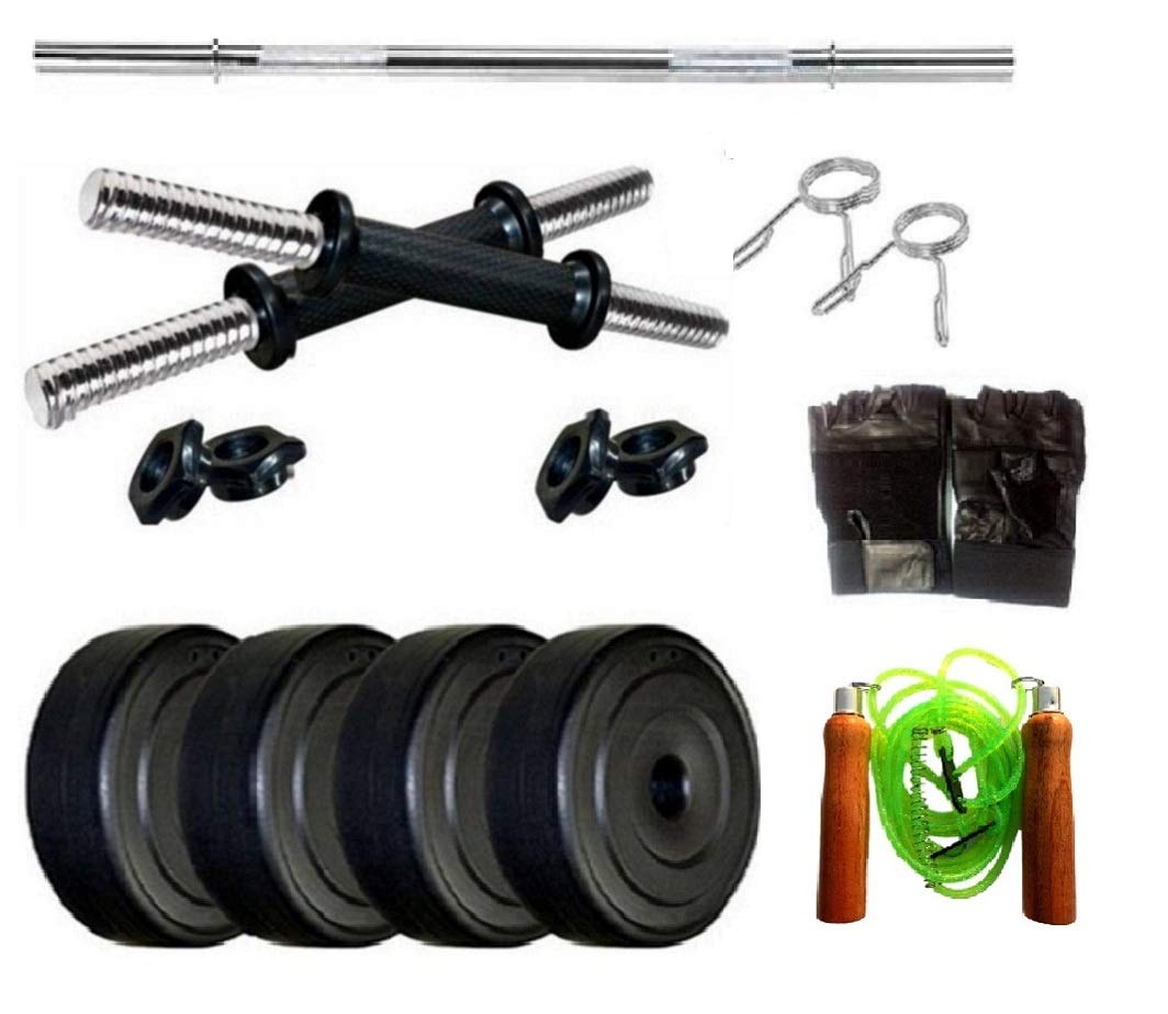 Spanco Home Gym with 8 Kg. P.V.C Weight Plates (2 Kg. X 4 = 8 Kg.), Straight Rod, Dumbell Rods & 2 Accessories for Fitness, Weight Lifting, Muscles Building, Body Toning & Body Shaping