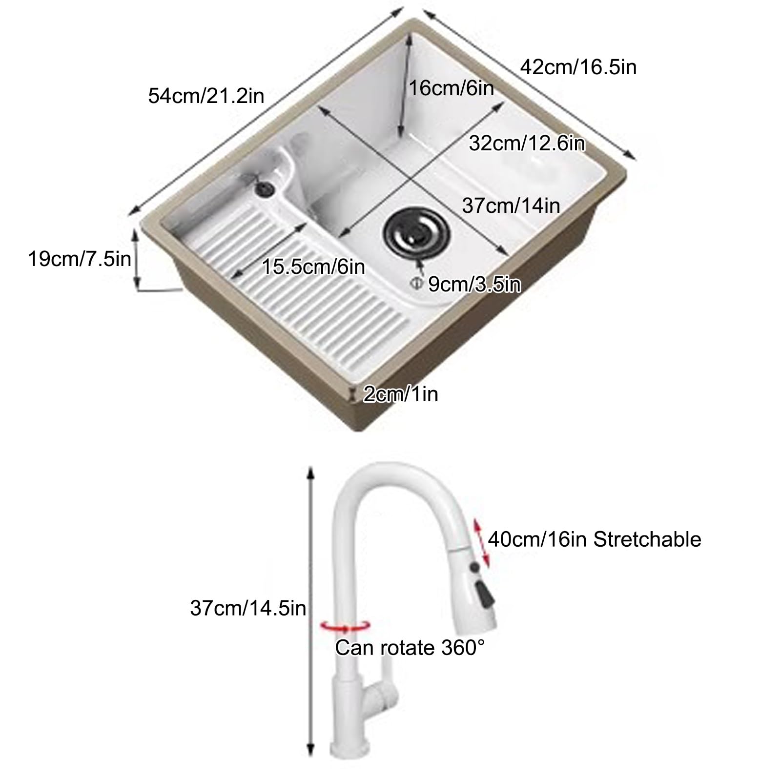 Spülbecken mit Waschbrett, Unterbauspüle aus Keramik für Waschküche, Badezimmer mit Wasserhahn und Ablauf-Set