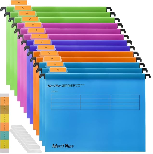 A4 Suspension Files, MerryNine 15PCS Polypropylene Filing Cabinet Suspension Files with Tabs and Card Inserts for School Home Work Office Organization (Mixed Color)