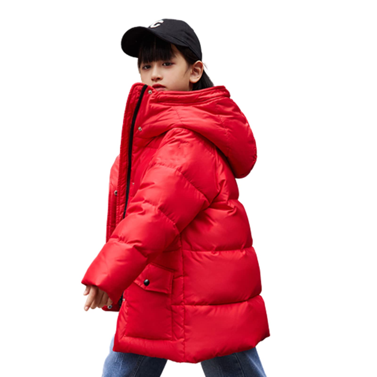 Piumino di Media Lunghezza per Bambini Ragazze Ragazzi Inverno Ispessimento Moda Giacca con Cappuccio Abbigliamento Caldo 90 Soffice Piumino D'Anatra Bianca,Red,8T(140CM)