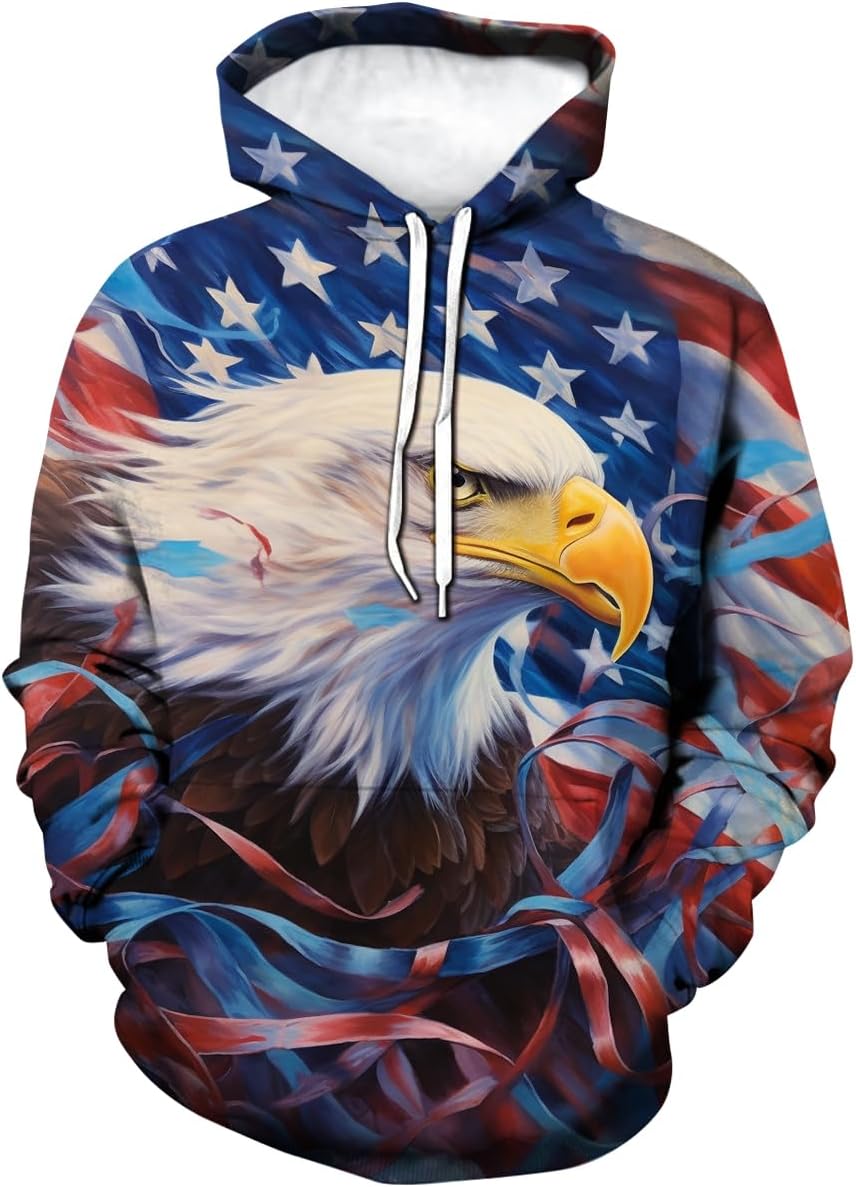 LAOLIUSN Men's 3D Eagle Print Hoodie - Patriotic Theme, Animal Graphic Sweatshirt