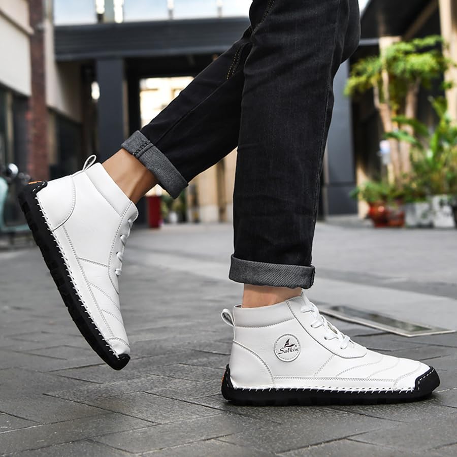 Image of Men's Casual Leather Handmade High Boots Fashion Lace-Up Non-Slip Sneakers Outdoor Comfort Retro Walking Driving Ankle Chukka Bootie