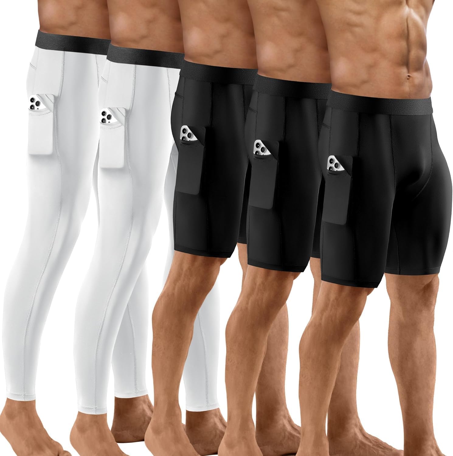 5 Pack Compression Shorts Men with Pocket, Spandex Running Shorts, Tights Performance Underwear, Athletic Workout Sport Performance Baselayer Underwear, Two Long and Three Short, White and Black, XL