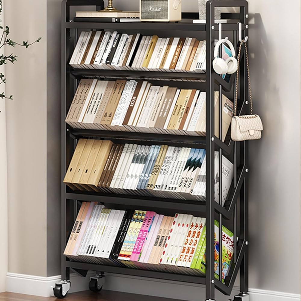 Estantería móvil de metal con ruedas para libros, organizador multicapa para estudio y oficina