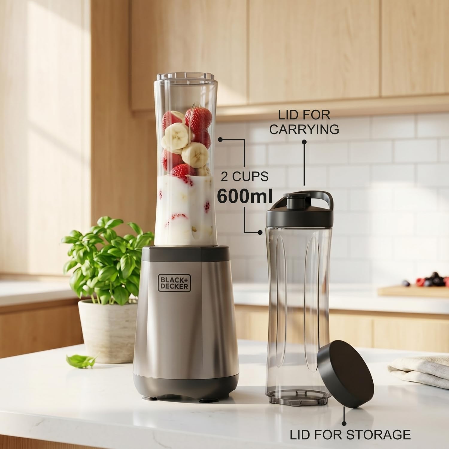 Black+Decker - Mixeur individuel 500W | 600 ml | 2 gobelets nomades | Lames inox 304 | Broie glace | Compatible lave-vaisselle | Base antidérapante | Finition anti-traces