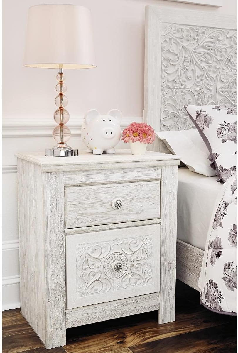 BOWERY HILL 2 Drawer Nightstand, Engineered Wood, Whitewash Finish, 24.21" W x 15.91" D x 29.21" H, Smooth-Gliding Drawers, Carved Detailing, Distressed Design Bedroom Table