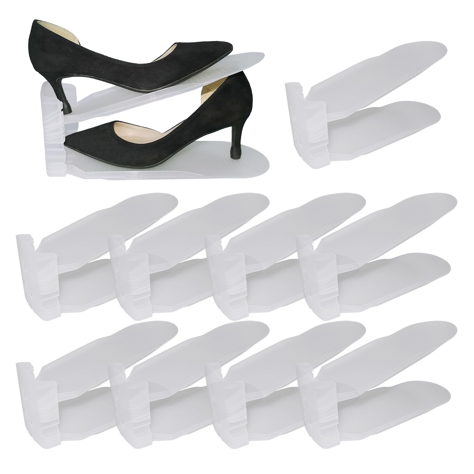 Shoe Slots Organizer 10 Pack, Adjustable Double-layer Storage, Saving Closet & shoe cabinet space (Matte Clear,10 Pack)