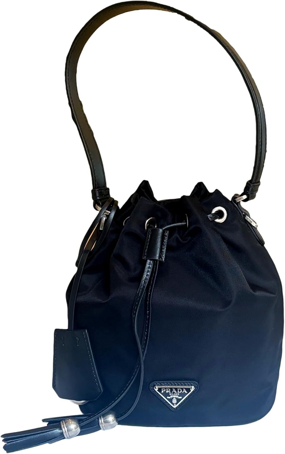 Prada Re-Nylon Black Tassel Drawstring Bucket Bag with Leather Top Handle and Detachable Strap, Silver Hardware, Made in Italy