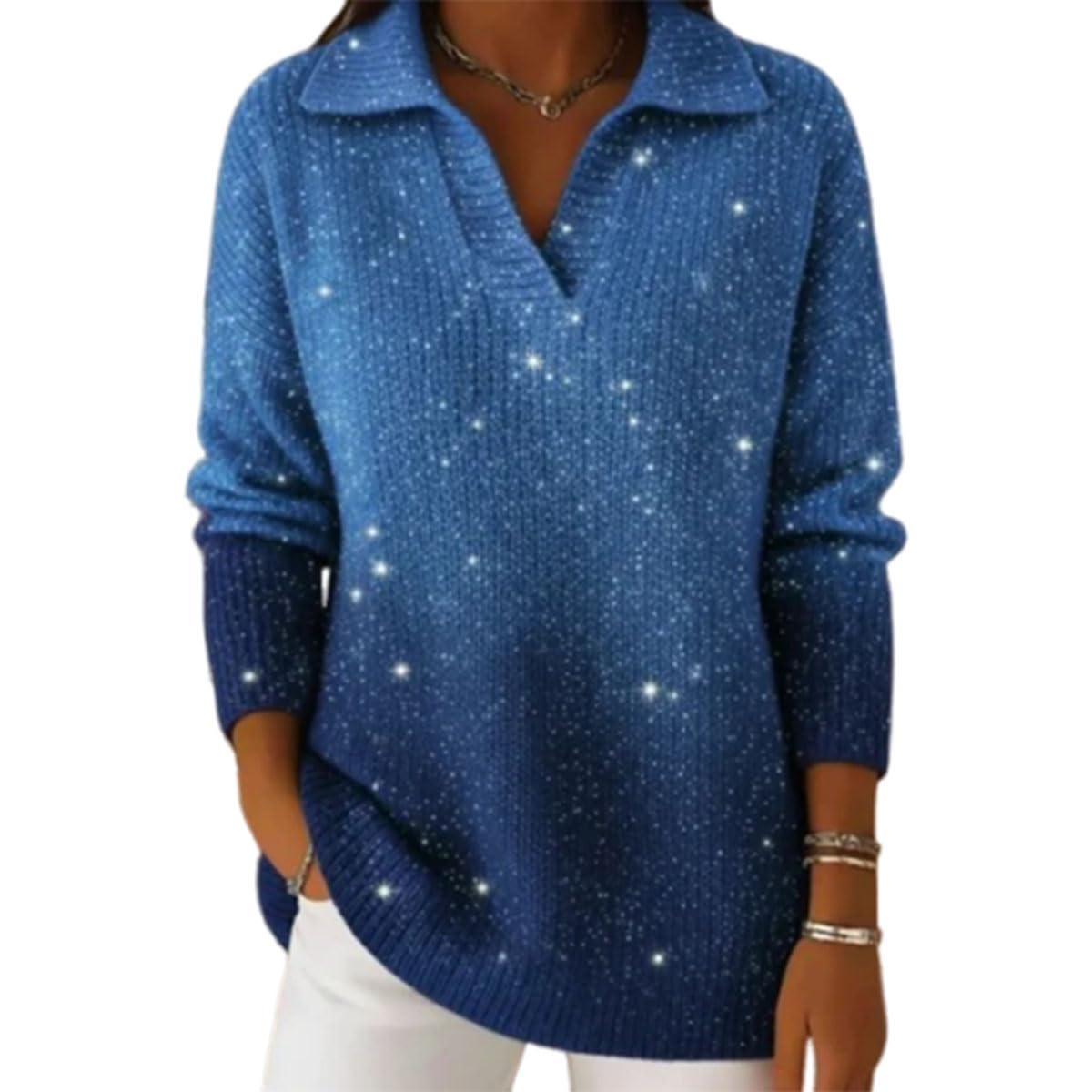 Womens Long Sleeve Shiny Knit Sweater Womens V Neck Ribbed Knit Gradient Sparkly Sweater