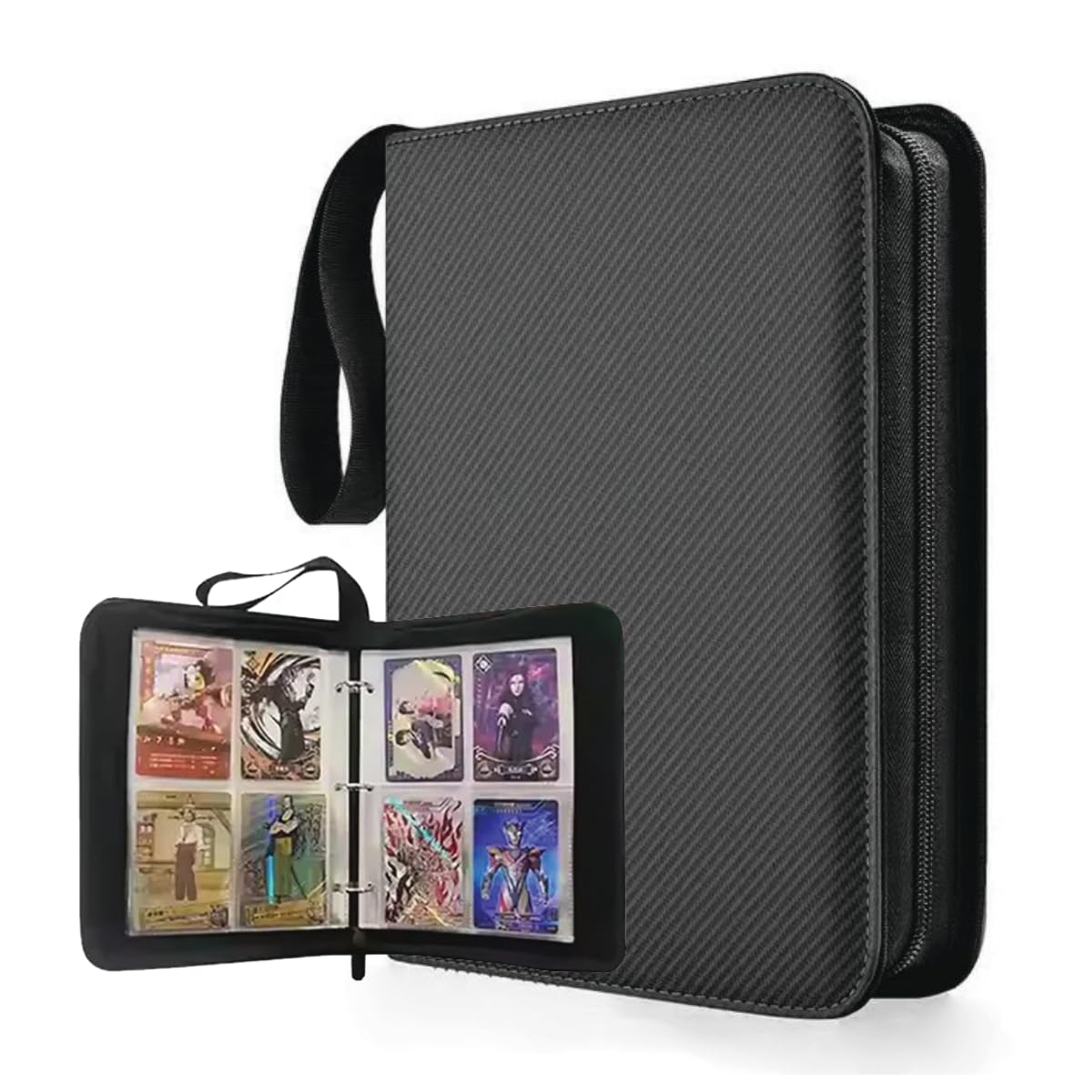 Trading Card Zip Binder, 200-Card Capacity, Water-Resistant PU Cover, 50 Clear 4-Pocket Pages, Folder for Collectibles (Black)