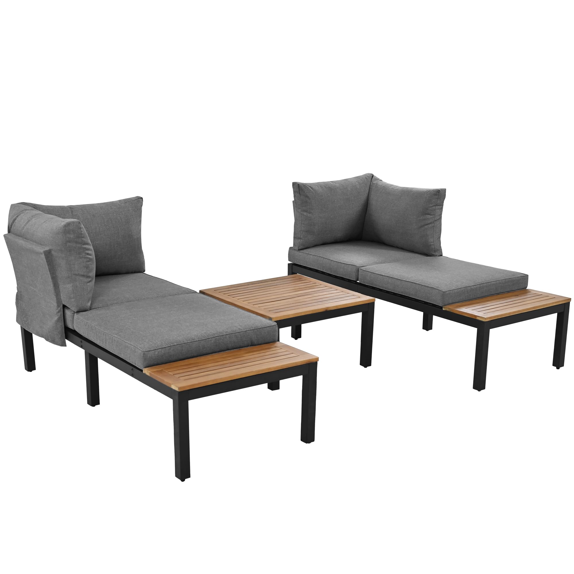 Juego de salón de jardín de 4 plazas, sofá cama cómodo con cojines, 2 asientos dobles, 1 mesa + 2 mesas de madera de acacia, estructura de acero galvanizado resistente, impermeable, gris