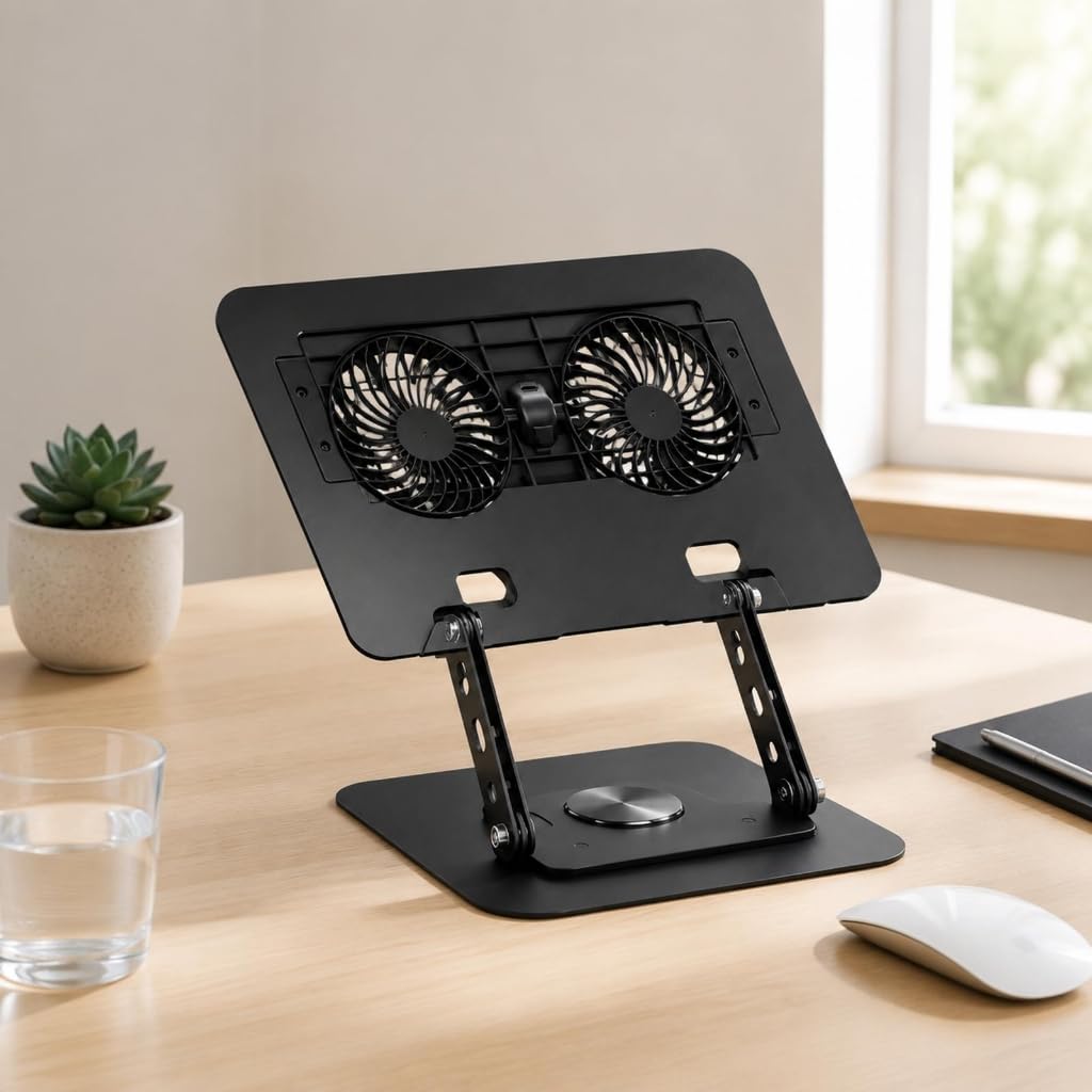Soporte elevado para portátil con refrigeración de dos ventiladores, soporte multiángulo para computadora portátil, para uso en escritorio, mesas de oficina en casa, clases en línea y áreas de