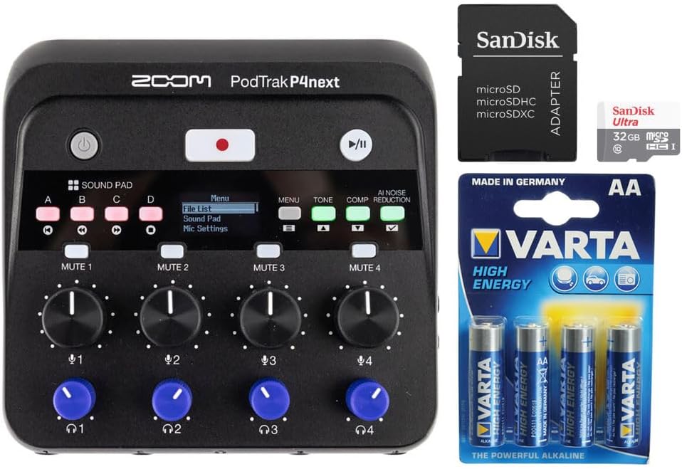 Zoom PodTrak P4next Portable Multitrack Podcast Recorder Bundle with SanDisk 32GB Ultra UHS-I microSDHC Memory Card with SD Adapter, Varta High-Energy 1.5V AA LR6 Alkaline Battery (4-Pack)