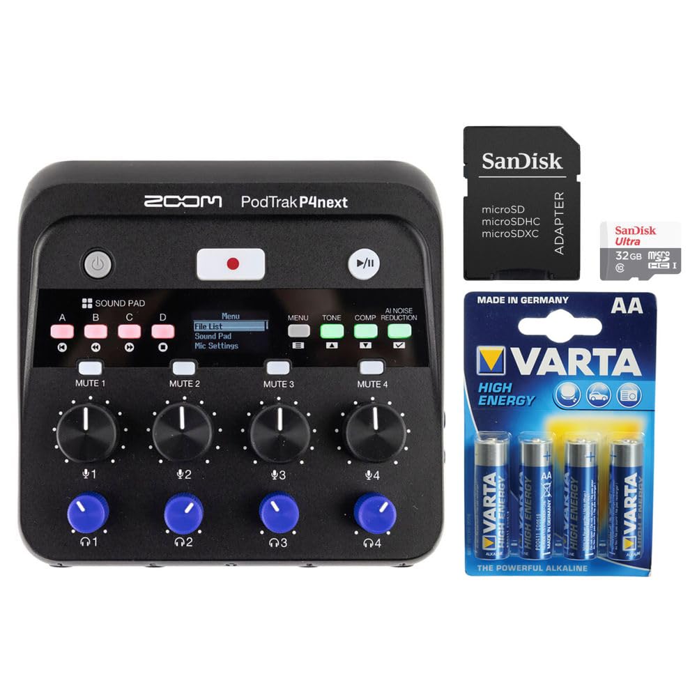 Zoom PodTrak P4next Portable Multitrack Podcast Recorder Bundle with SanDisk 32GB Ultra UHS-I microSDHC Memory Card with SD Adapter, Varta High-Energy 1.5V AA LR6 Alkaline Battery (4-Pack)
