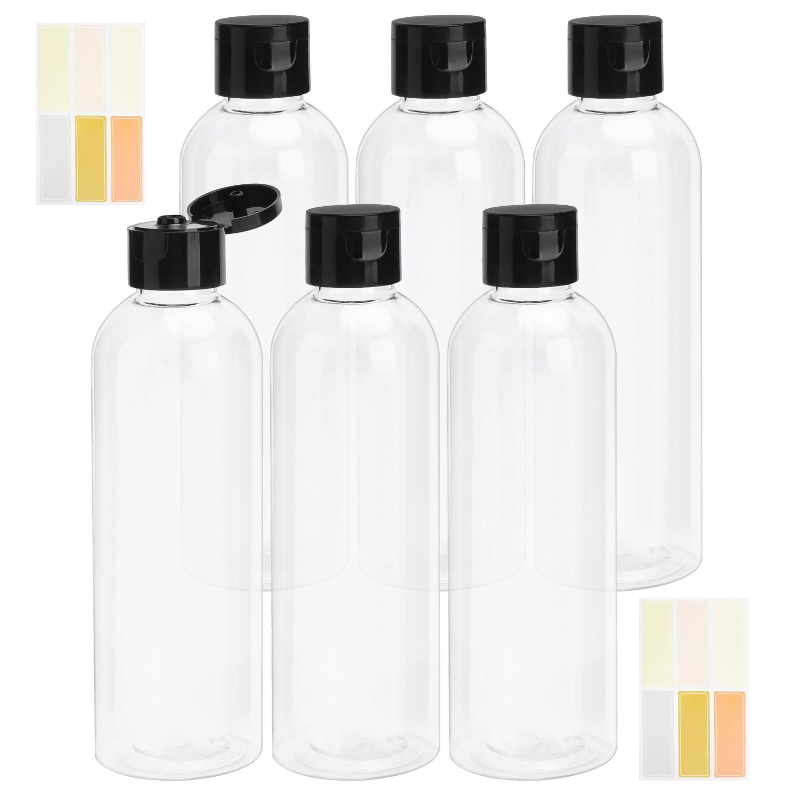 Ensemble de 6 Flacons Voyage 200 ml et un Paquet D'étiquettes Autocollantes Bouteille Voyage Rechargeables avec Bouchons à Rabat pour Shampoing, Après-shampoing, Lotion, Crèmes