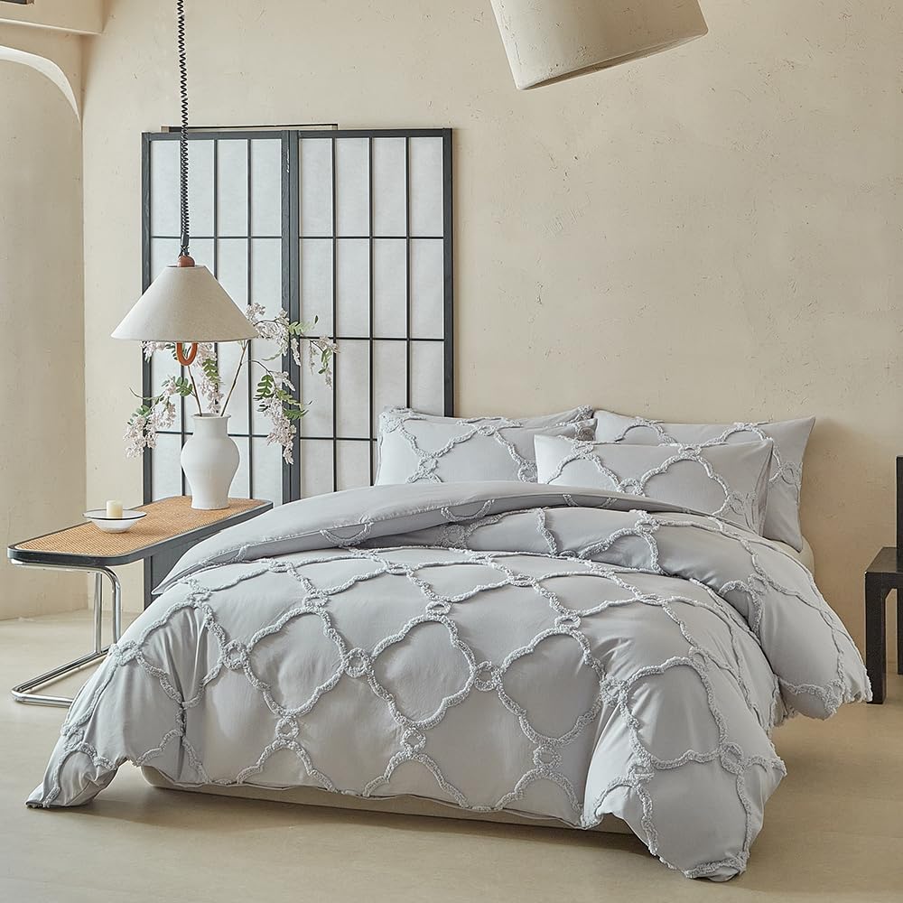WPSJT006 - Set copripiumino trapuntato con motivo floreale, 3 pezzi, 3D in rilievo, stile bohémien, 1 copripiumino e 2 federe