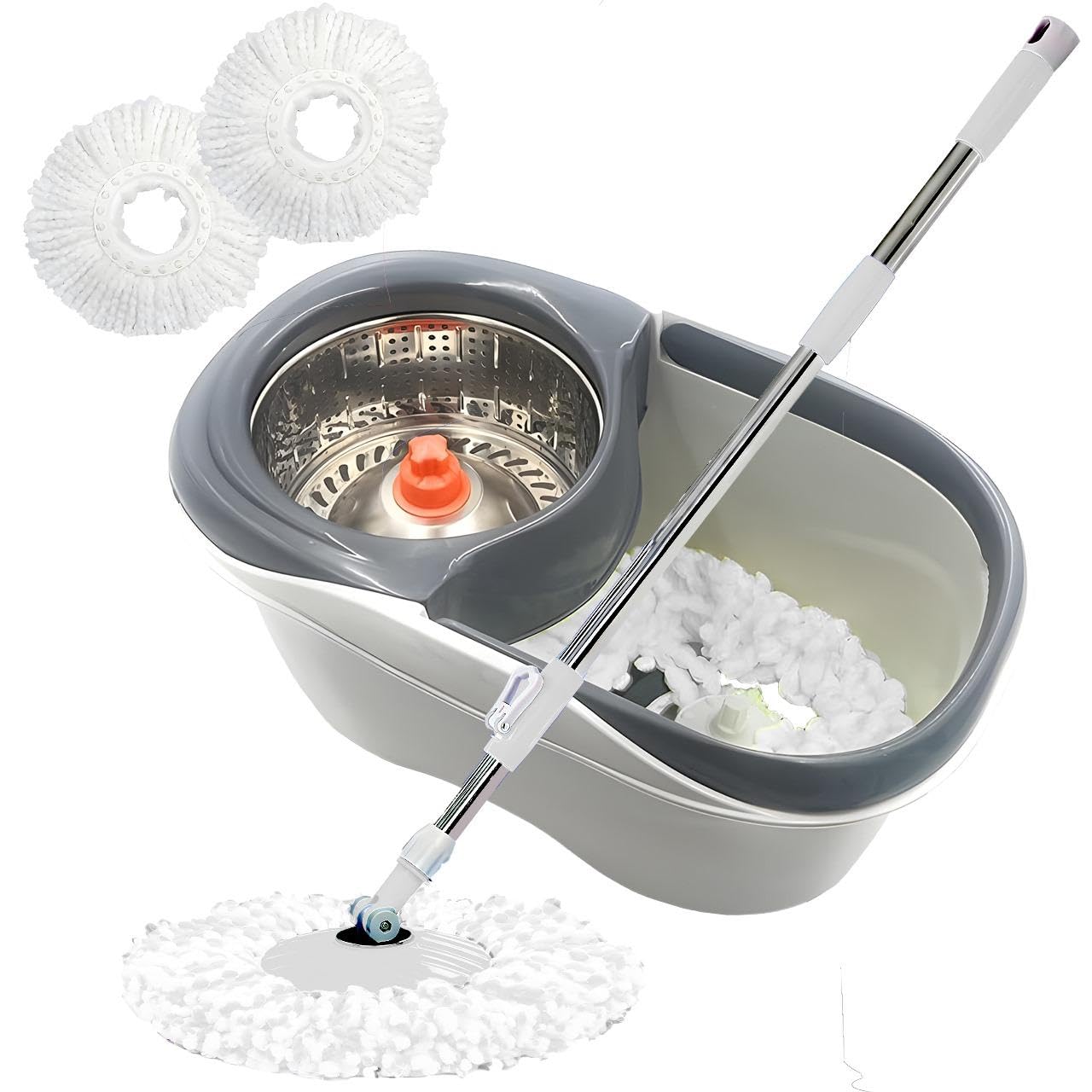 Drizo Easy Wring Spin Mop, Twin Split Bucket, Magic 360 Wet Dry Spin Floor Mop with 2 Mop Pads, Clean Smart Spin Mop For Home & Office, Space-Saving Cleaning Tool (Grey)