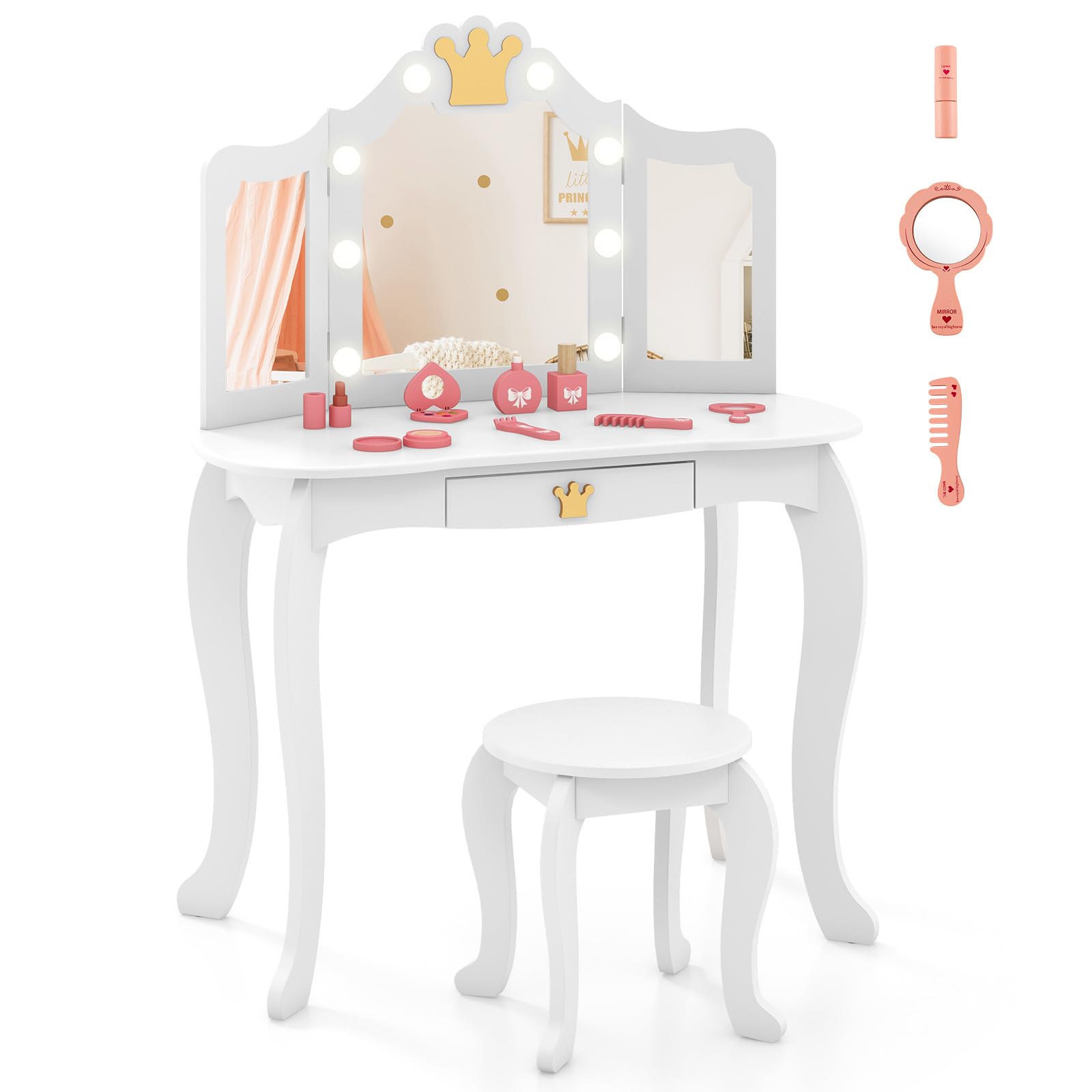 LIFEZEAL Juego de tocador Infantil, Mesa de Maquillaje con Taburete para niña, tocador con 8 Bombillas y Espejo Plegable, Set de Mesa y Silla con cajón