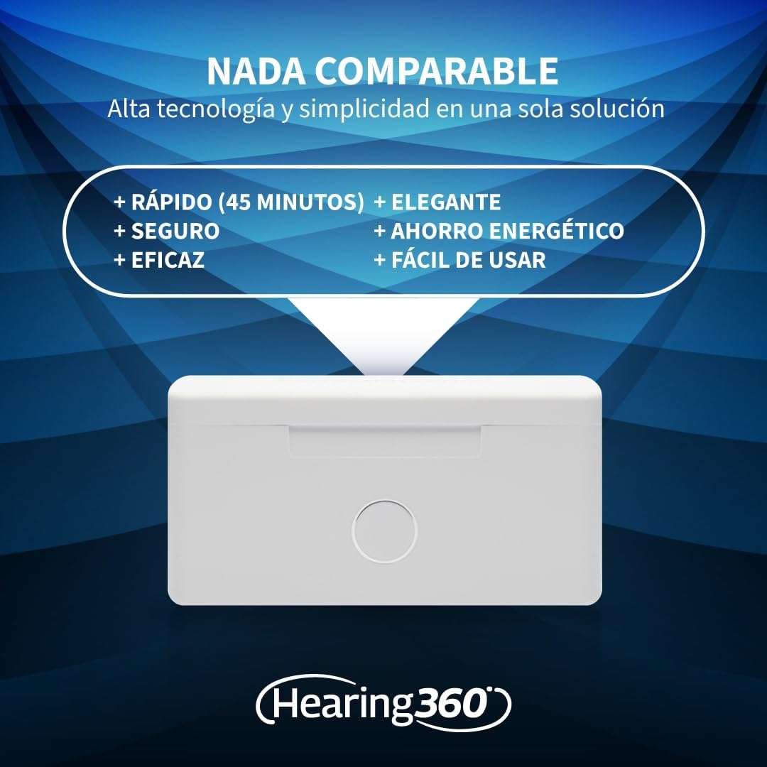 Hearing360 PerfeT DRY LUX Estación de limpieza UV, deshumidificación y secado para audífonos sin baterías internas, sistema de aire caliente pulsante con luz indicadora automática LED