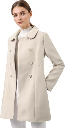 Allegra K Women's Peter Pan Collar Double Breasted Winter Trench Pea Coat | Long Sleeve Outerwear, Elegant Overcoat, Pockets, Fully lined, Work Office, Business Casual, Formal