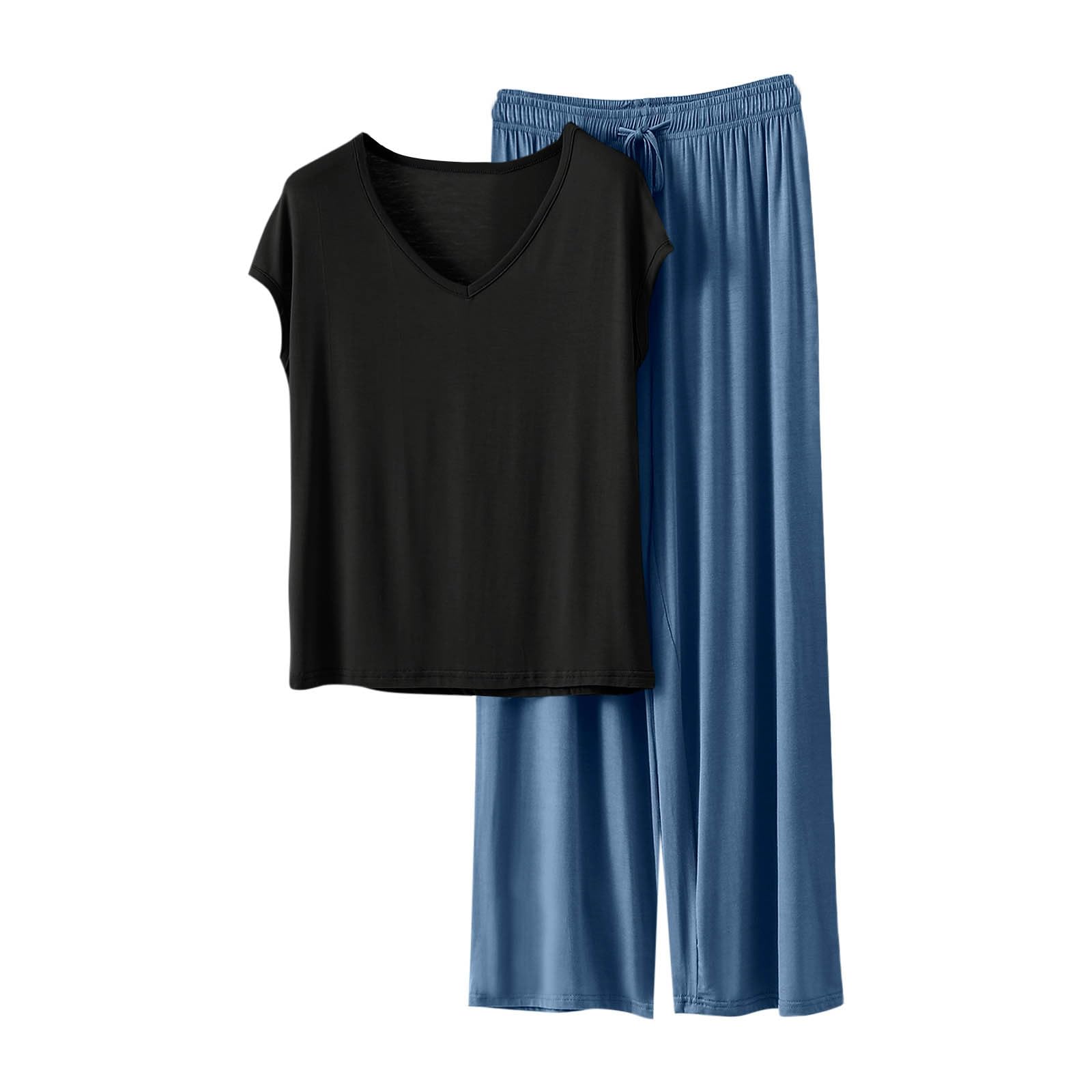 HGps8w Women's Short Sleeve Summer Pajamas Sets, Loose V Neck Top Matching Wide Leg Pants Soft Modal 2 Piece Lounge Outfits