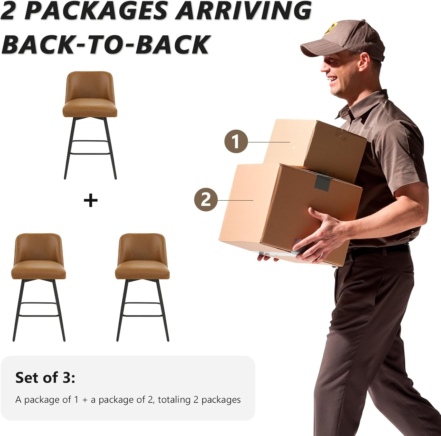 360°Swivel Counter Height Bar Stools Set of 3,Upholstered Morden Kitchen Barstools with High Backs,26" H Seat Height,Faux Leather (Faux Leather-Saddle Brown , 3 Pieces - 26" Counter Height) Faux Leather-saddle Brown 3 Pieces - 26" Counter Height