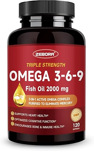 Triple Omega 3-6-9 - Aceite de pescado de 2000 mg - Alta potencia con vitamina D3 y astaxantina, apoyo para la salud cardíaca, cerebral e