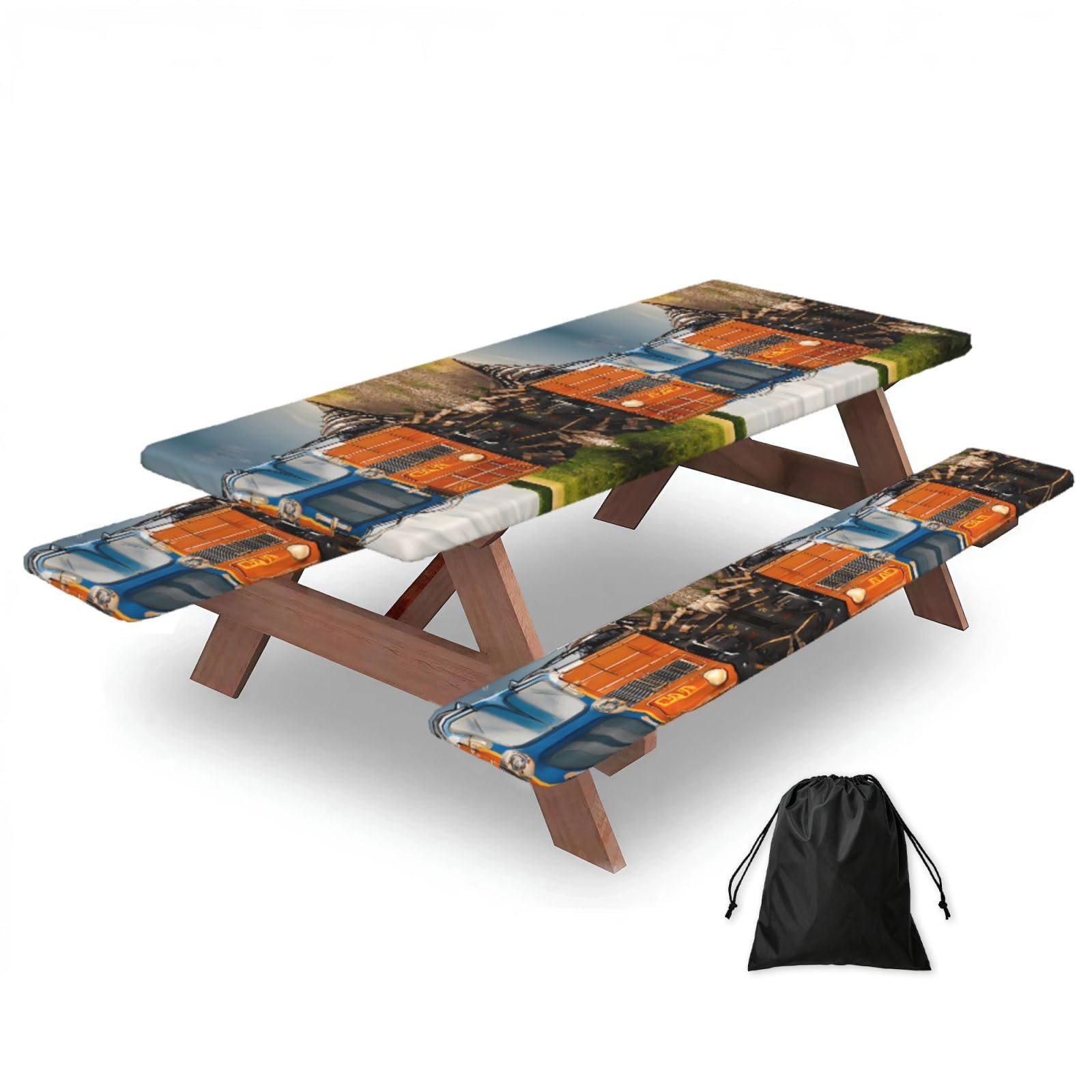 EZDLOWVBA Freight Train Print Picnic Table Cover With Bench Covers Waterproof Fitted Picnic Table Outdoor Elastic Picnic Tablecloth Outdoor Camping Essentials(3pcs)