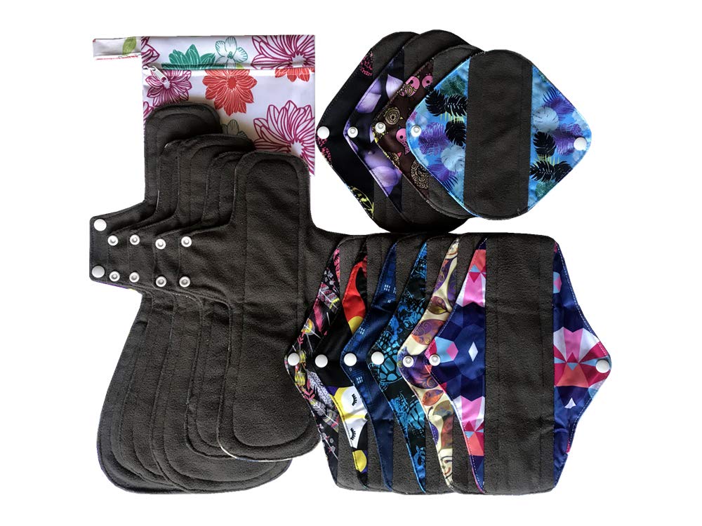 MUMBABY 16 szt. pełny zestaw testowy 1 szt. mini torba na mokre + 5 x 2 x 20 cm + 6 x 25 cm + 2 x 30 cm + 2 @35 cm + 1 @40 cm węgiel bambusowy mata/podkładki menstruacyjne wielokrotnego użytku