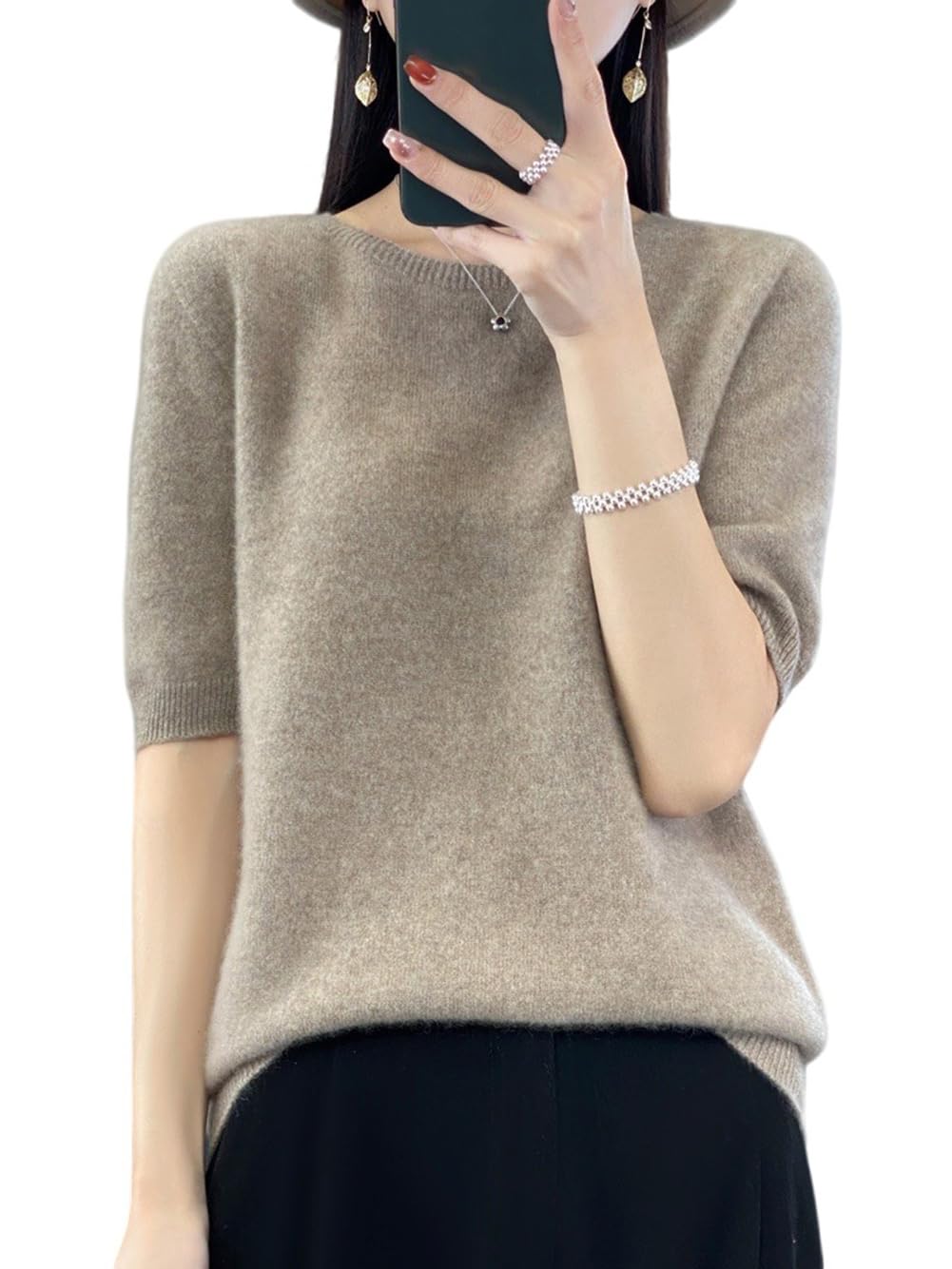 100 Merino Wool Sweaters for Womens Spring Summer Knitted Pullover Crew Neck Short Sleeved Thin Loose WQ021