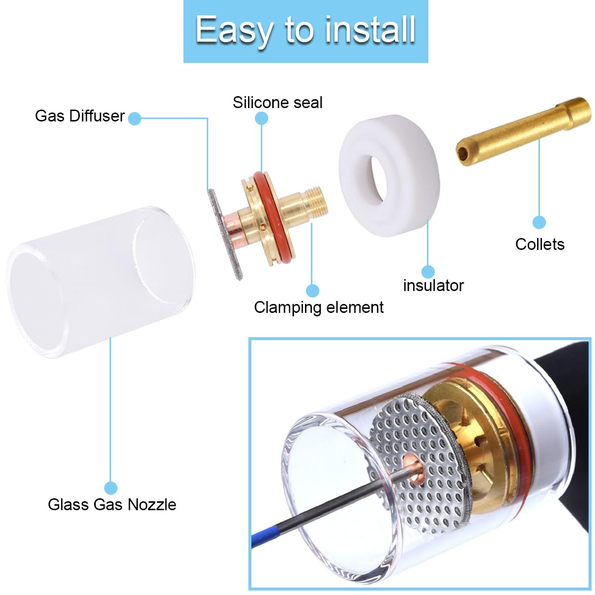 lentilles de gaz en verre pour TIG accessoires de soudage pistolet de soudage pour SR WP 17 18 26, torche de soudage pour TIG buse de gaz en verre, pince (1,6 mm 2,4 mm) (8 pièces)