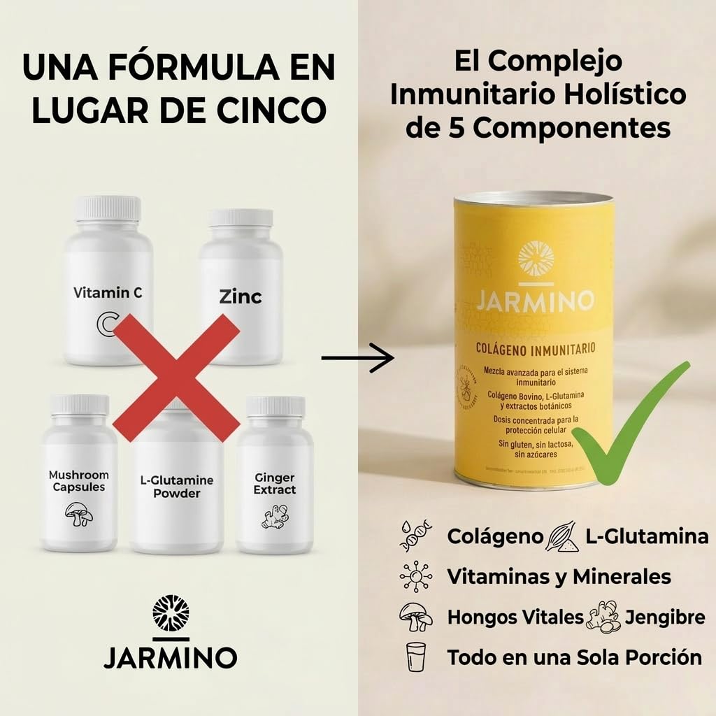 Hidrolizado de Colágeno con L-Glutamina - Fortalece el Sistema Inmunológico | Vitamina C, D, Selenio, Zinc, Jengibre, Saúco, Hongos Vitales | 450g Glutamina Inmune en Polvo | JARMINO
