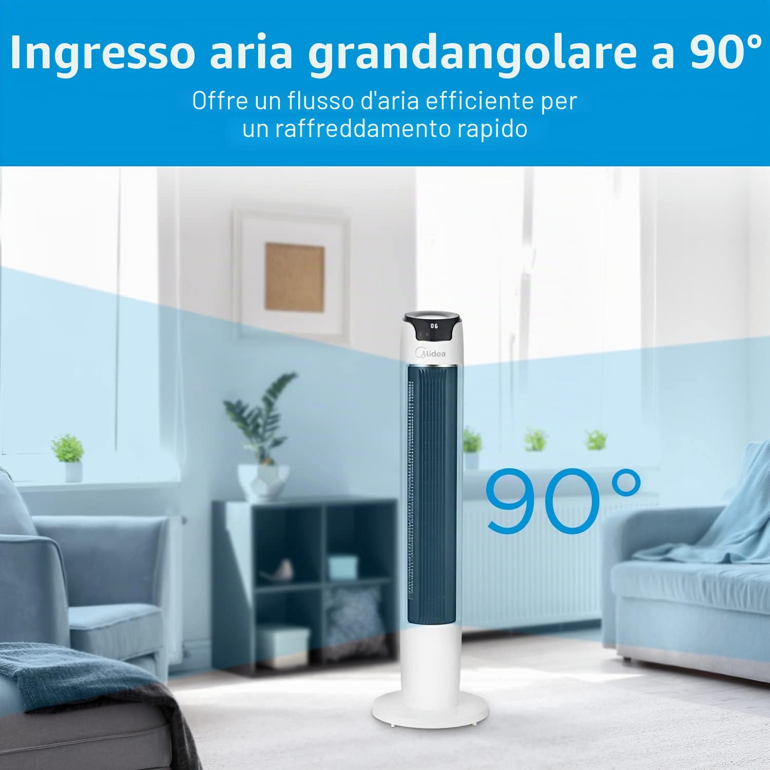 Midea FZ10-16AR Ventilatore a torre con telecomando, 110 cm, con oscillazione 60°, 6 livelli di velocità, 3 ventilazioni, timer 12H, bianco