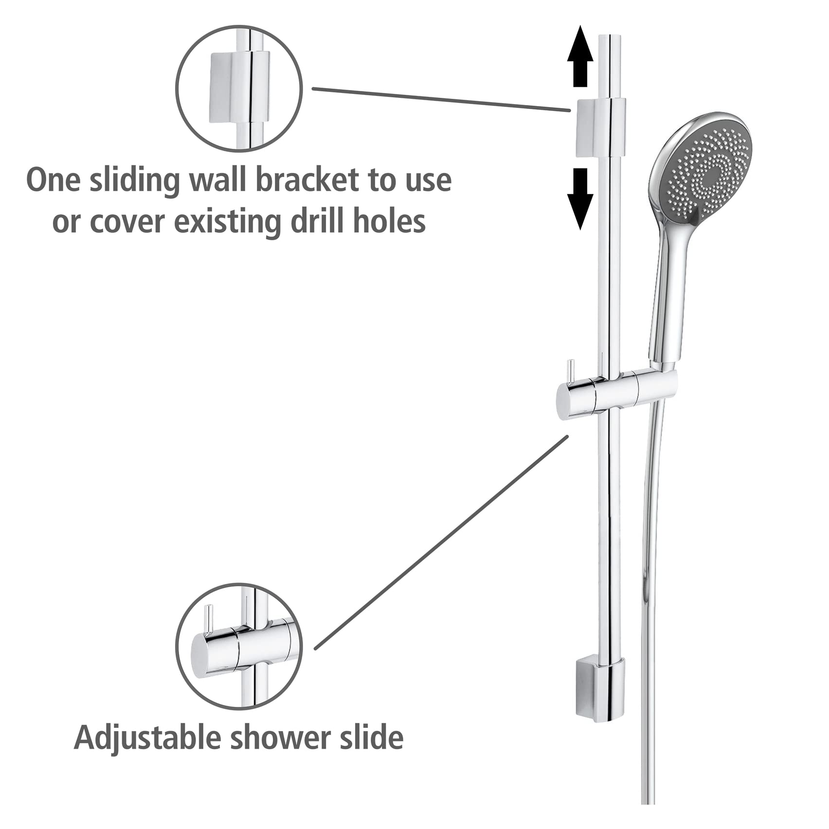 WENKO Set de ducha Watersaving, barra de ducha de acero inoxidable, cabezal con 3 tipos de chorro y flexo de ducha, apto para calentadores de agua, conexión universal de ½", 70 cm, cromado