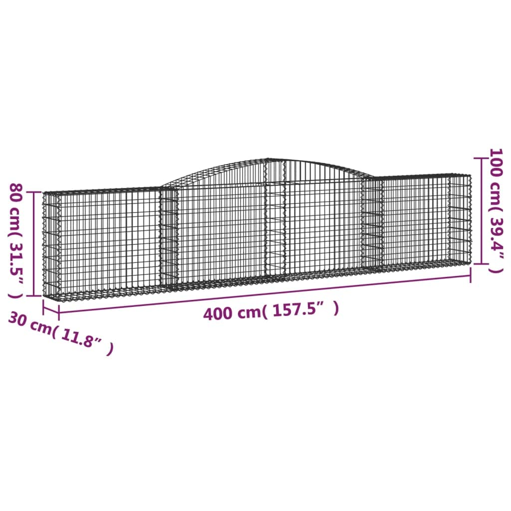 Gaviones con arco alto, 5 unidades, 400 x 30 x 80/100 cm, hierro galvanizado, barrera de jardín, protección acústica