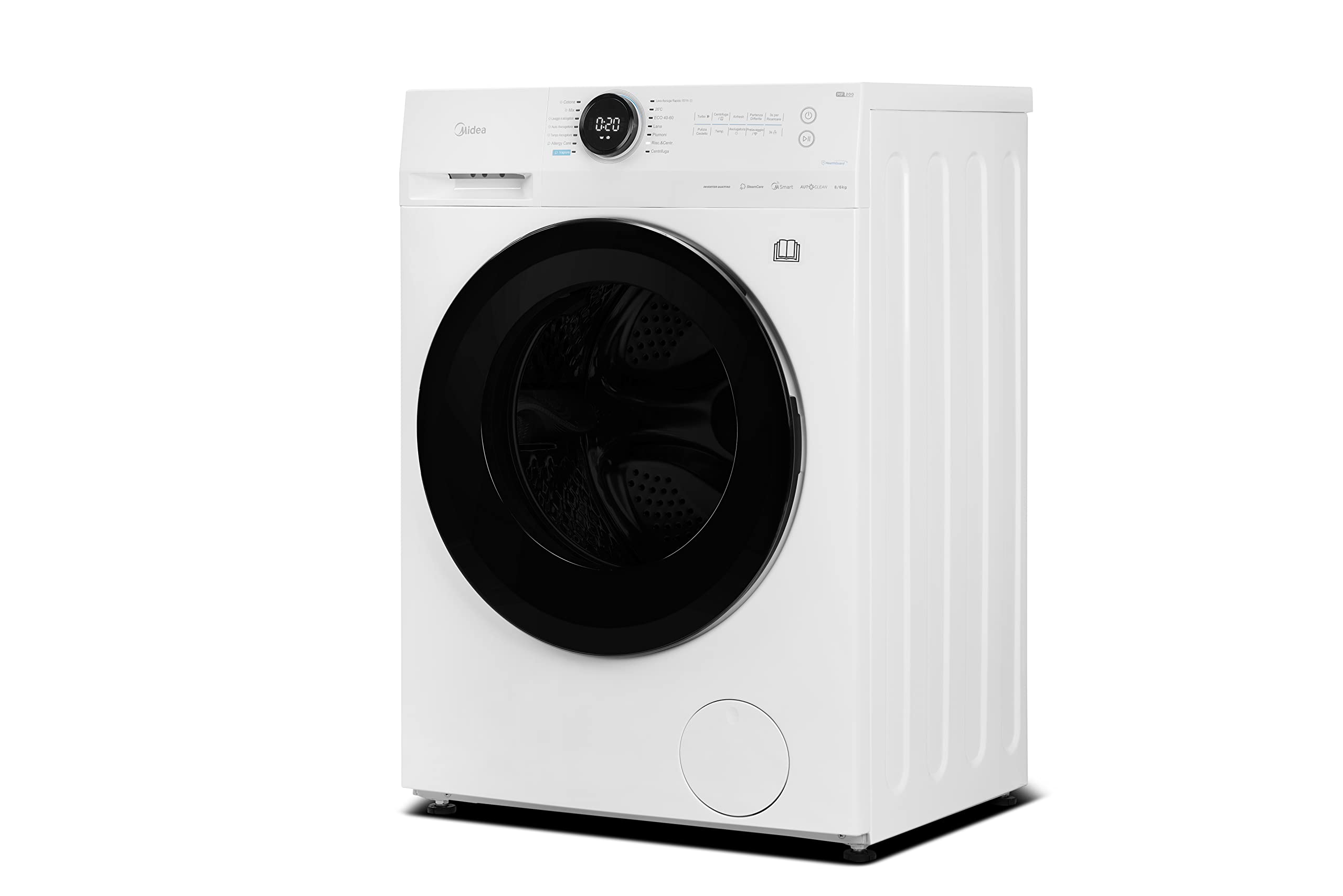 Midea MF200D80WB-E Lavasciuga a Carica Frontale, Motore Inverter, Display touch a LED, Vapore,Turbo Wash, Smart Control,1400 RPM, Carico 8/6 Kg, Bianco