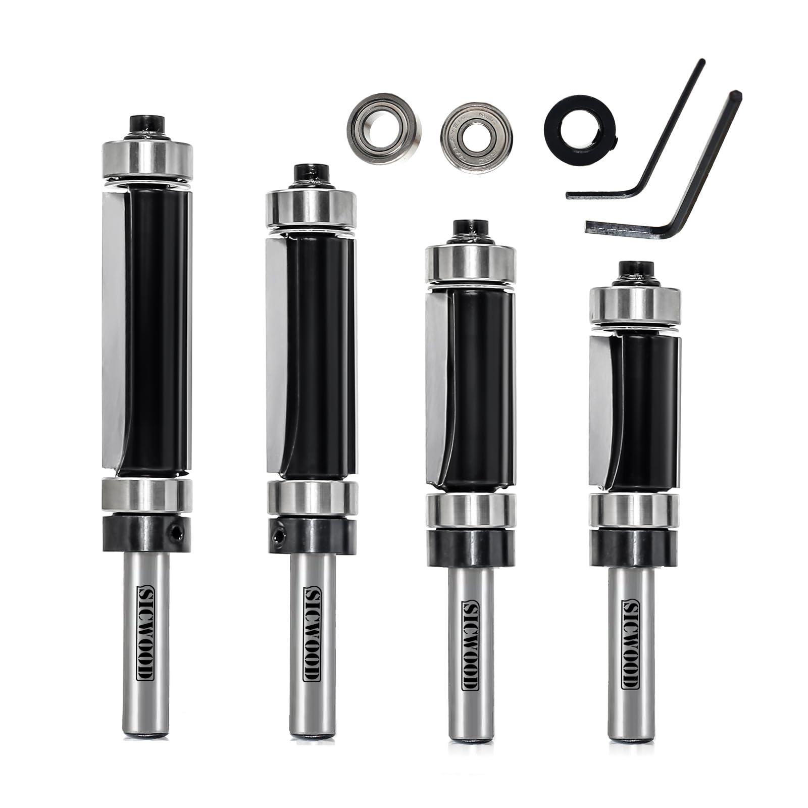 SICWOOD 4pcs Top and Bottom Bearing Flush Trim Router Bit Set 1/4 Shank, 1/2" Dia, Carbide Template Pattern Flush Cut Router bit, for Trimming