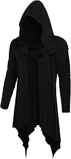 Men's Long Hooded Cardigan Ruffle Shawl Collar Open Front Lightweight Dr...