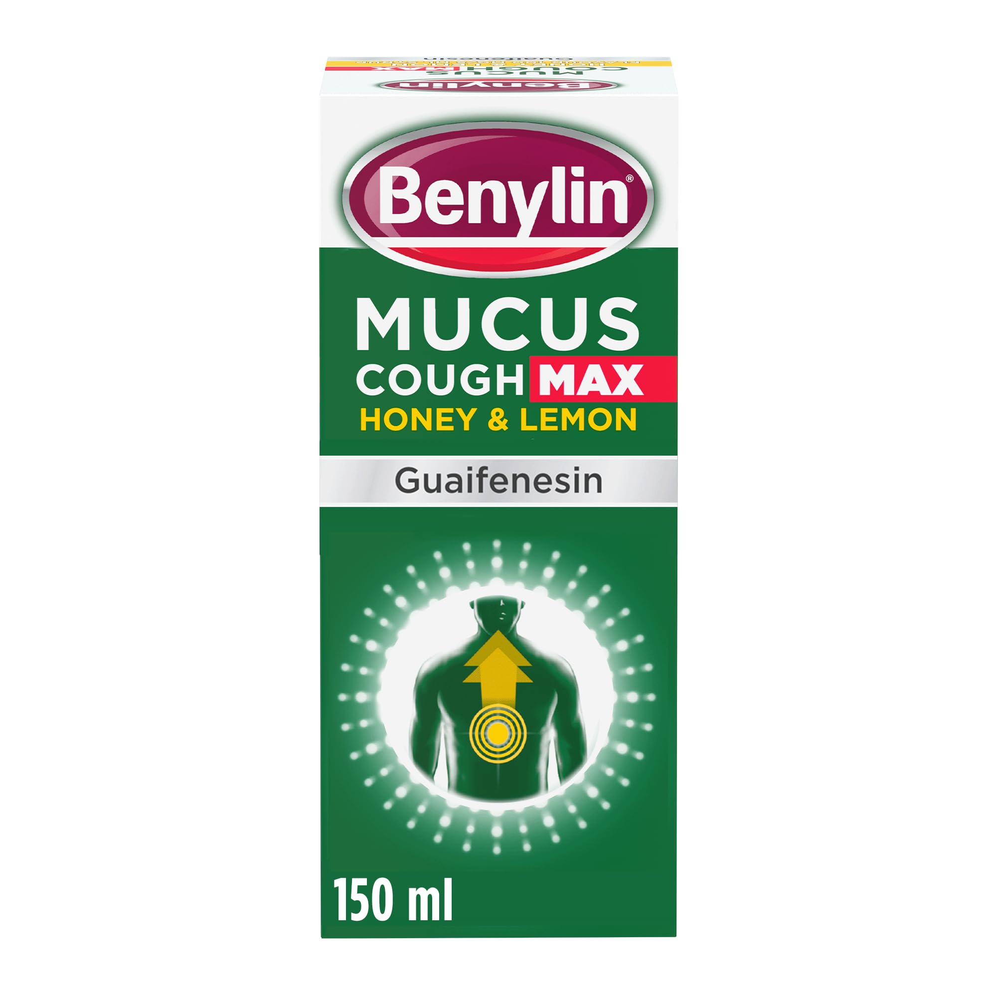 Benylin Mucus Cough Max Honey and Lemon Flavour (1x 150ml), 100 mg/5 ml Cough Syrup, Reduces Cough Intensity, For Deep Penetrating Relief, Cough Medicine for Adults