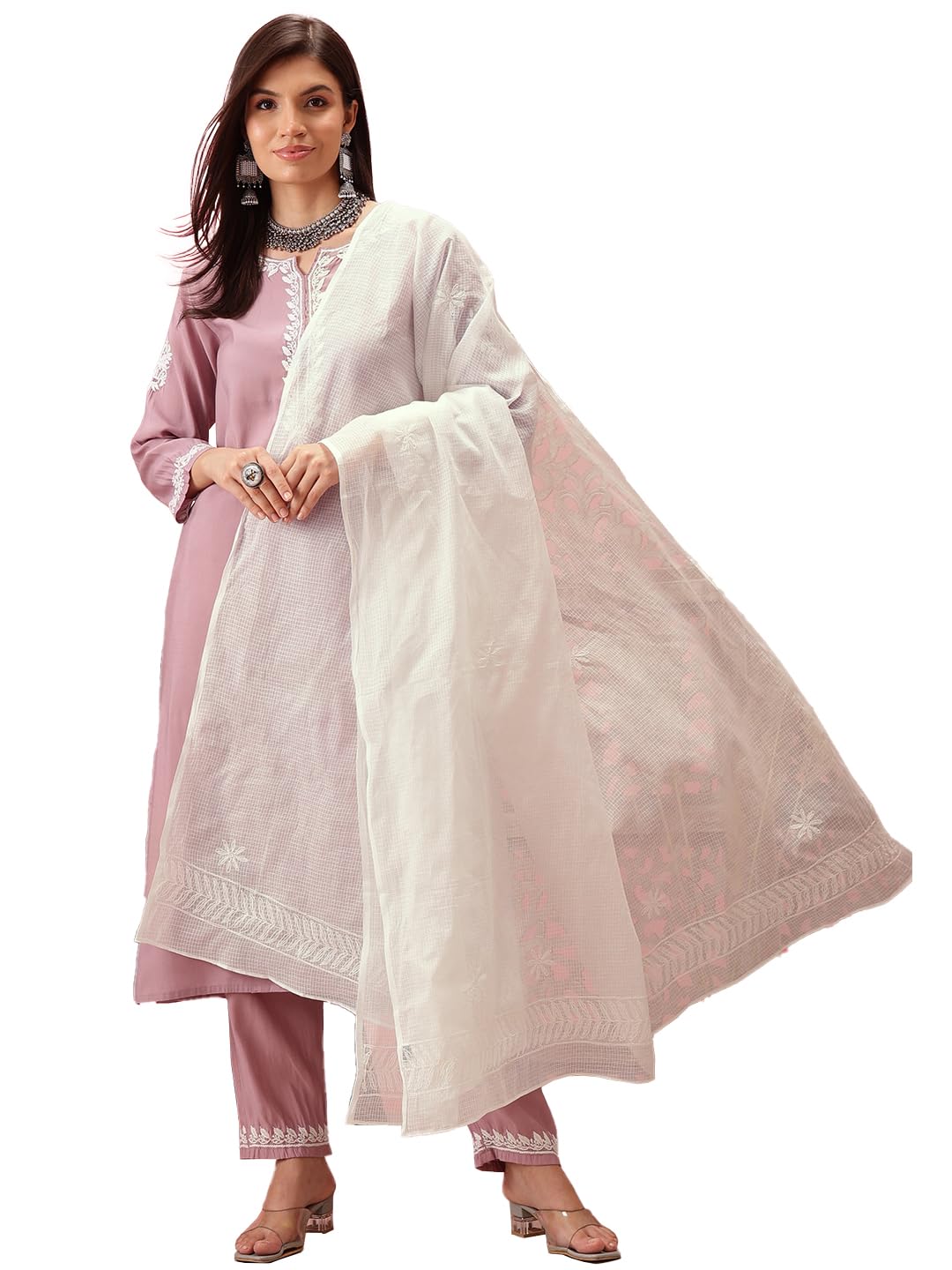 ada Cotton Blend Hand Embroidered Lucknowi Chikankari Ethnic Wear White Kota Doria Dupatta For Women A511221, Free Size-picture-24